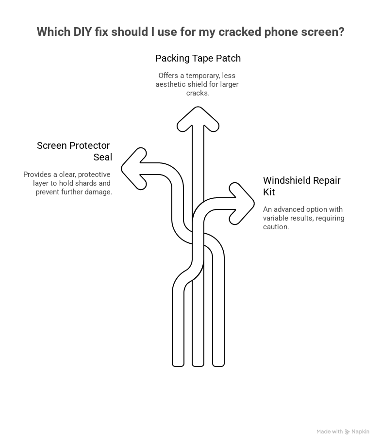 A diagram titled "Which DIY fix should I use for my cracked phone screen?" showing three diverging repair options represented by arrows.