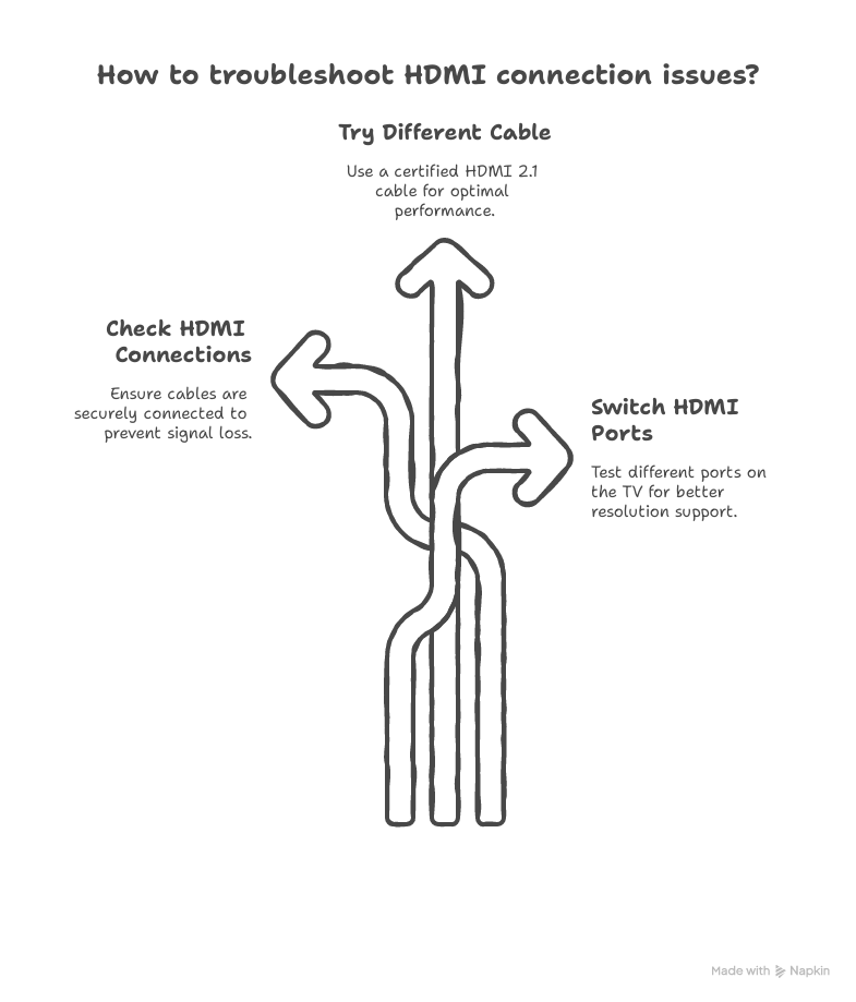 Image showing three diverging troubleshoot options represented by arrows for how to fix Xbox Series X HDMI issues.
