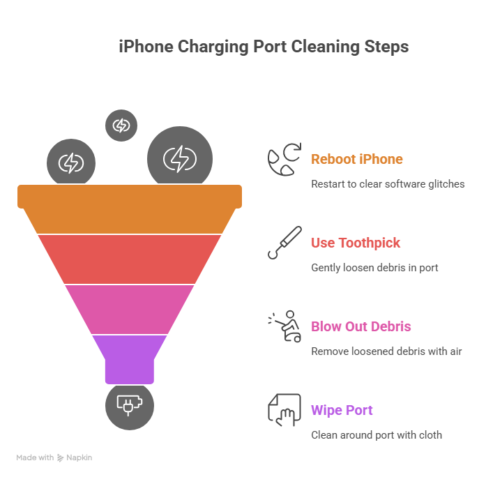 A four-step funnel graphic, showing steps for how to clean the iPhone charging port, ordered from top to bottom (broadest to narrowest).