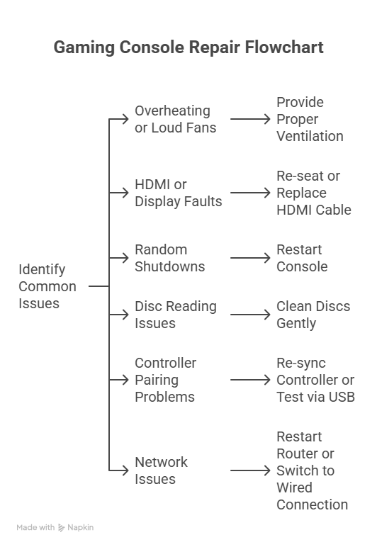 This image describes how to repair a gaming console with a flowchart, explaining basic troubleshooting steps.
