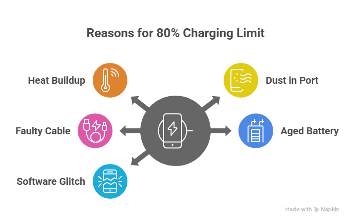 This image describes the common reasons why my phone won’t charge past 80 and remains stuck.
