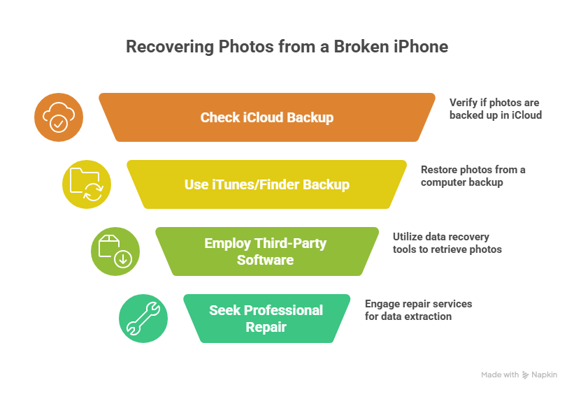 This image describes the methods, useful when you want to know how to get pictures from a broken iPhone.