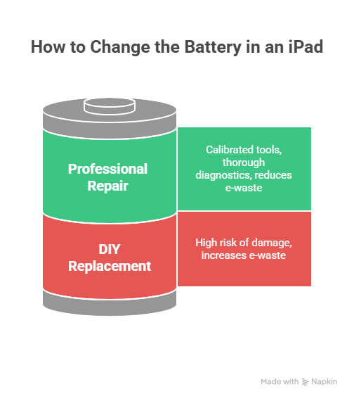 This image tells how to change the battery in an iPad by discussing the professional and DIY methods.