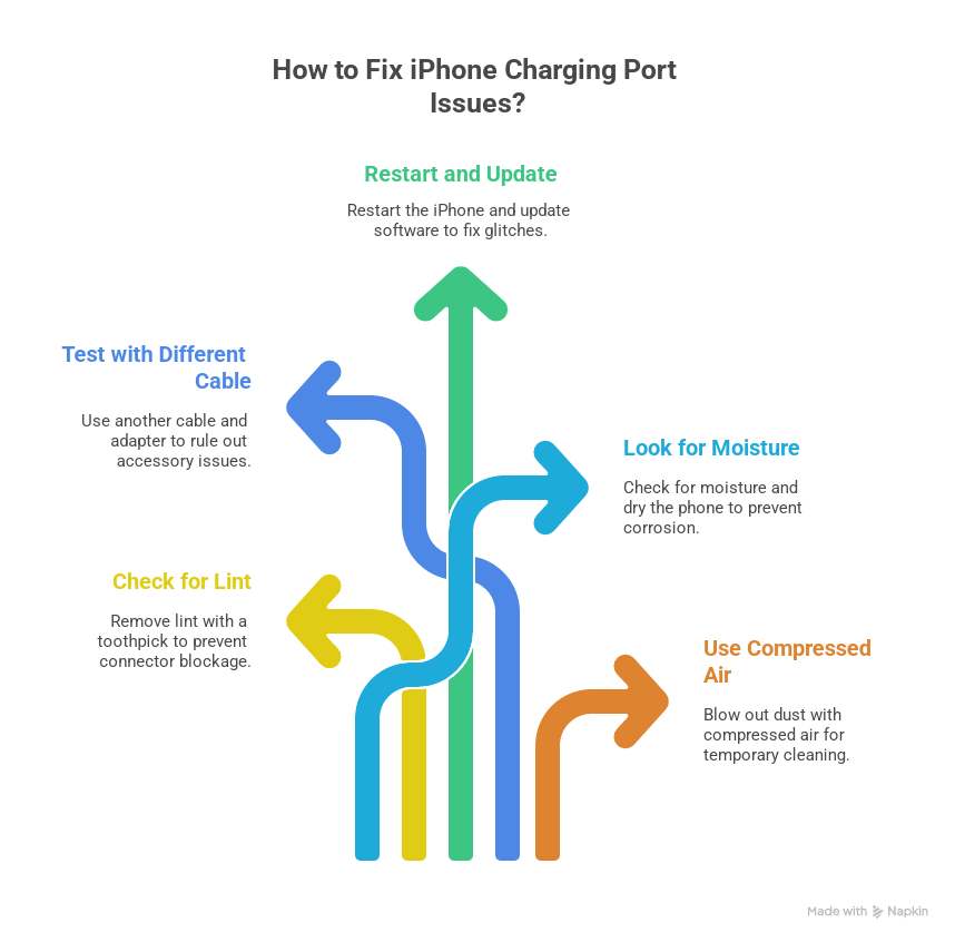 The image demonstrates five easy ways for DIY iPhone charging port repair.