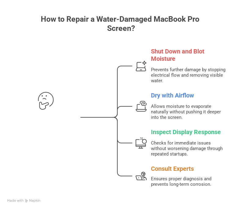 The image demonstrates steps to repair your water-damaged MacBook Pro screen.