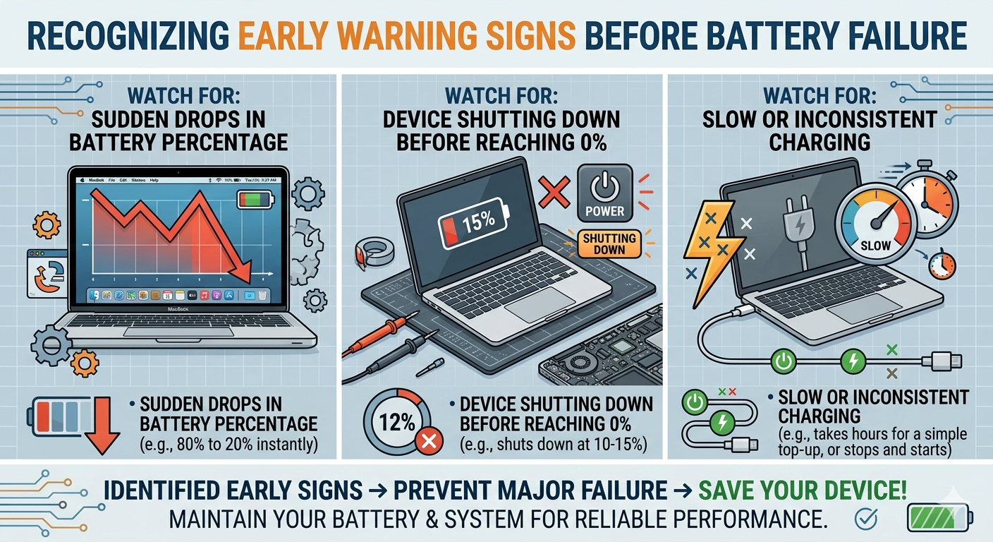 An infographic detailing early warning signs for laptop battery replacement, such as sudden percentage drops, unexpected shutdowns, and slow charging. Recognizing these symptoms helps prevent major hardware failure and maintains reliable system performance.