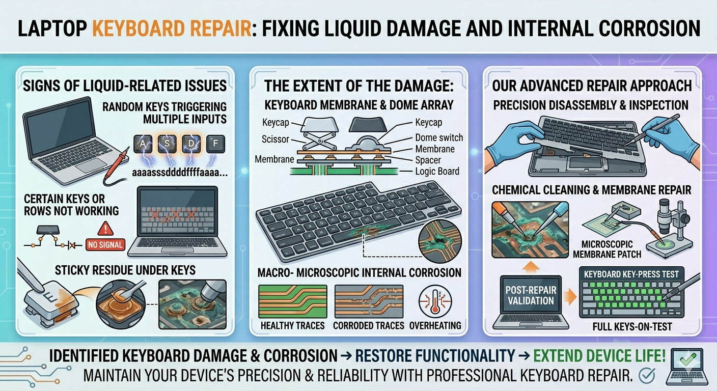 An infographic about laptop keyboard repair illustrating signs like sticky keys or random inputs, showing the microscopic extent of membrane damage, and detailing an advanced repair process involving precision cleaning and post-repair validation.