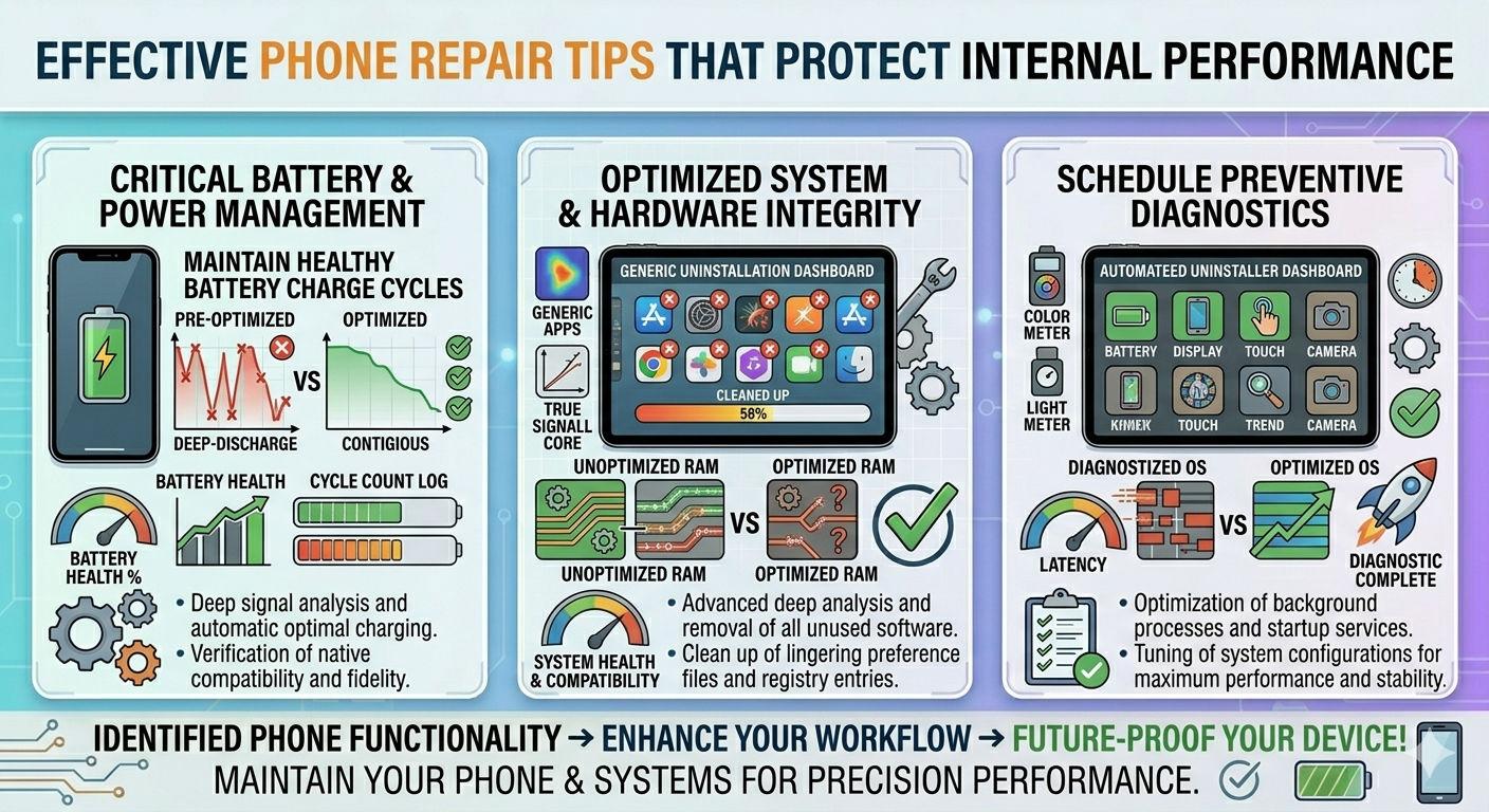 An infographic sharing phone repair tips, including battery cycle management, system software optimization, and preventive hardware diagnostics. It highlights methods for improving RAM efficiency and tuning background processes for better device stability.