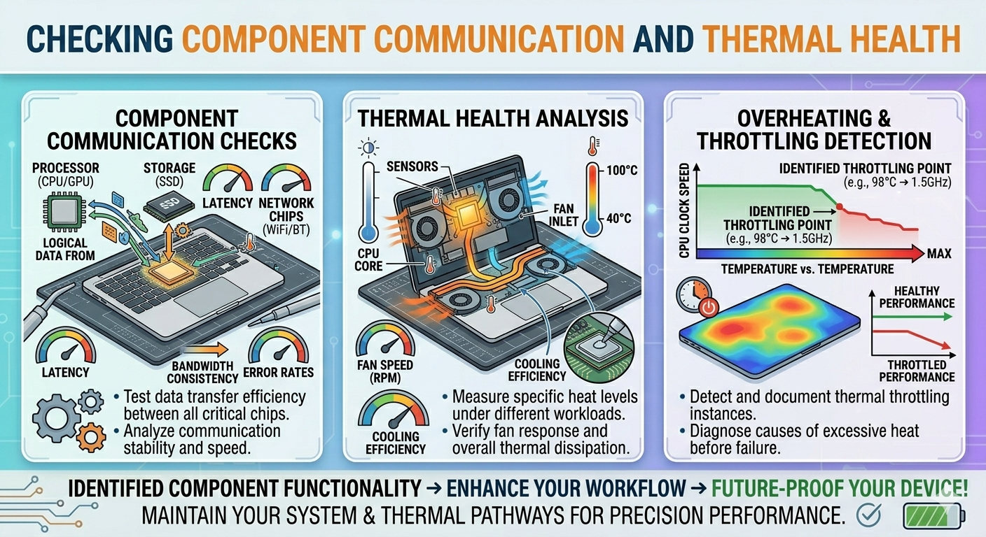 An infographic explaining the importance of a phone diagnostic test. It details how technicians analyze data transfer efficiency, measure heat dissipation under various workloads, and detect performance throttling to prevent hardware failure.