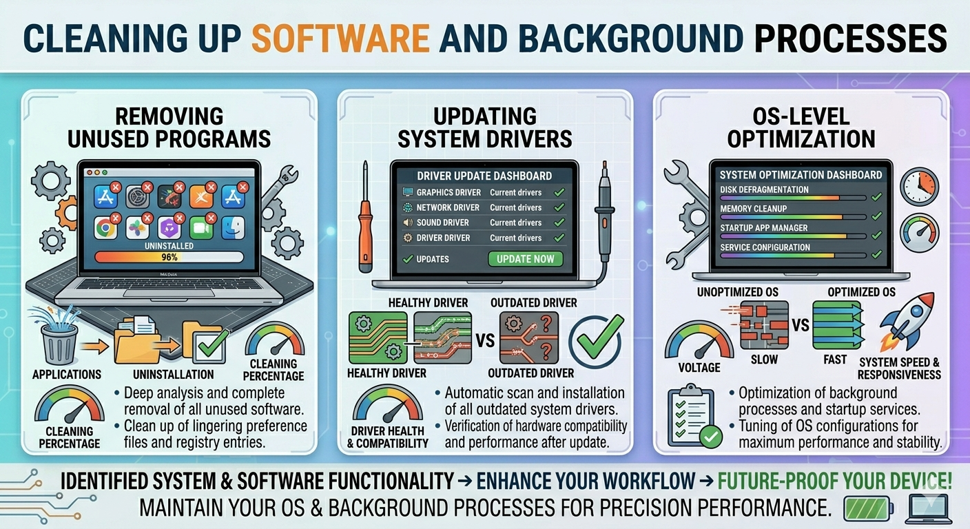 An infographic explaining a slow laptop fix through software cleanup and background process optimization. It highlights three steps: removing unused programs and lingering files, updating system drivers for hardware compatibility, and performing OS-level tuning to enhance system speed and responsiveness.