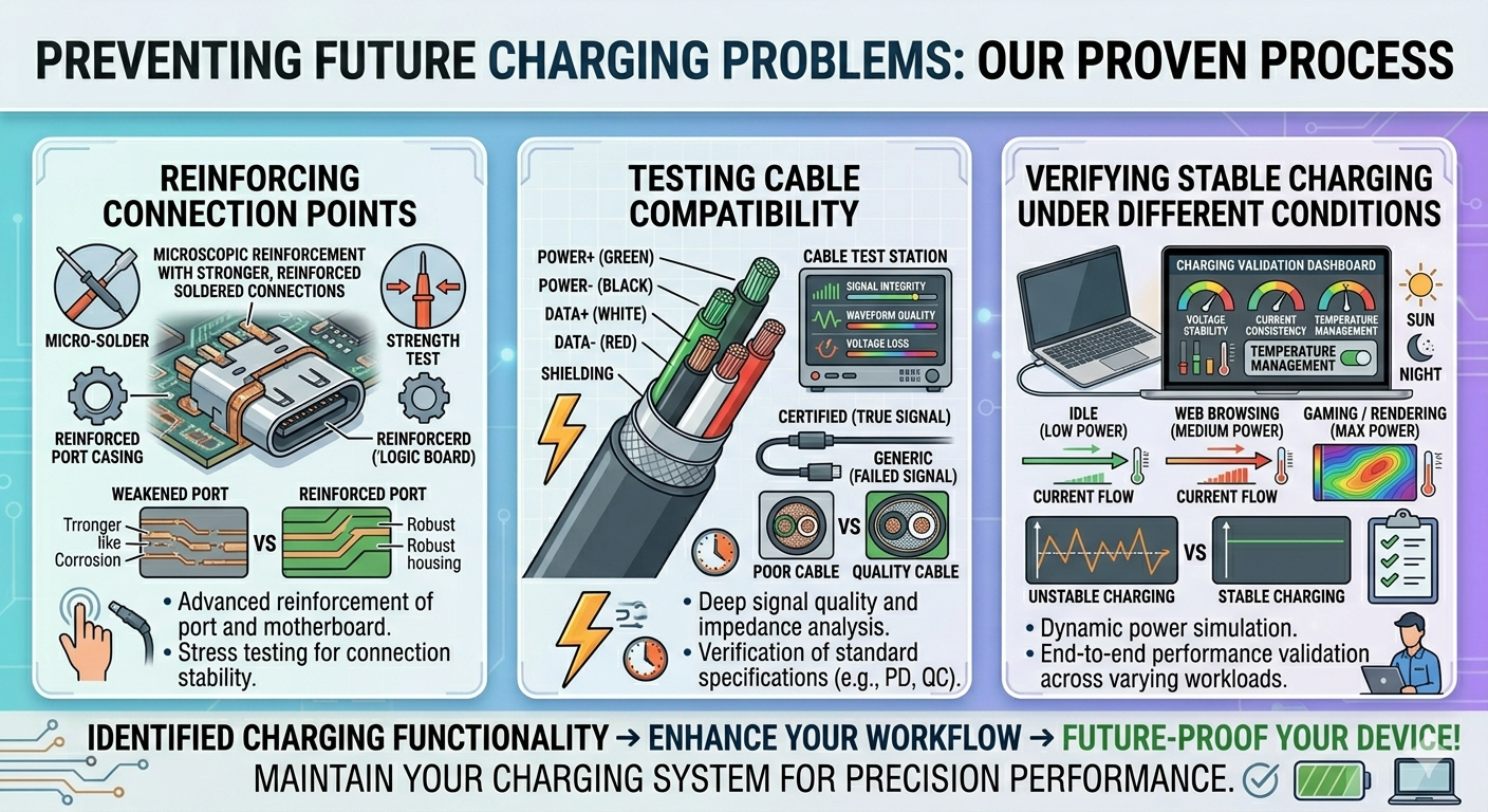 An infographic detailing a proven process for charging port repair, featuring reinforced connection points and micro-soldering. It illustrates cable compatibility testing and stable charging verification under various power loads to ensure long-term device reliability.