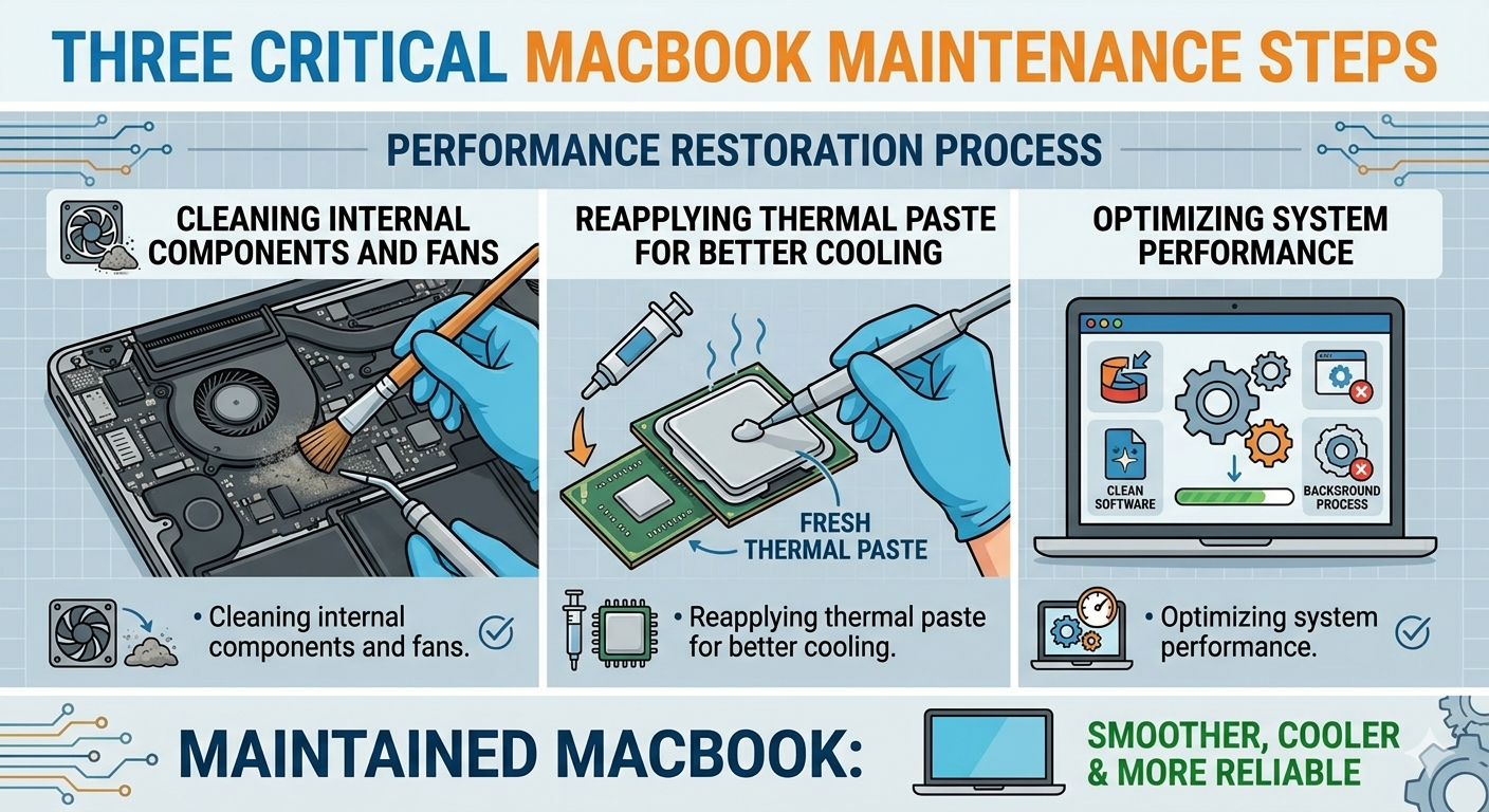 An infographic detailing a performance restoration process. It features three panels showing internal cleaning of fans and components, reapplying fresh thermal paste to a processor, and optimizing system software.
